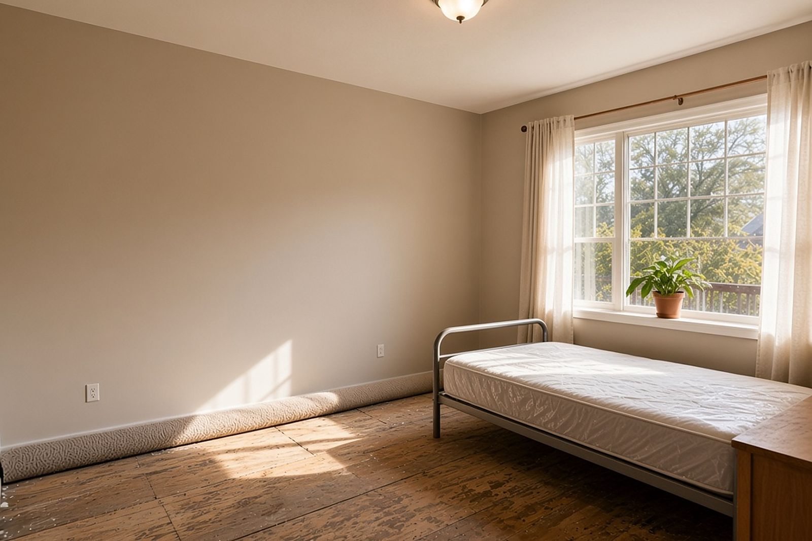 Cleaned bedroom with a bare mattress on a metal frame, sheer curtains and a houseplant on the sill