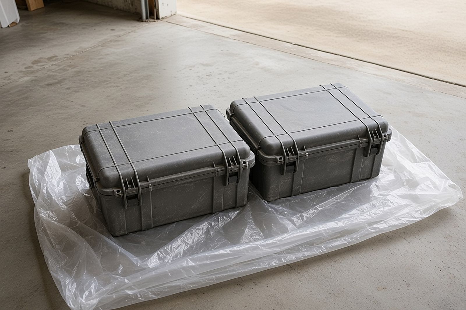 Two plain gray equipment cases on plastic sheeting in a garage
